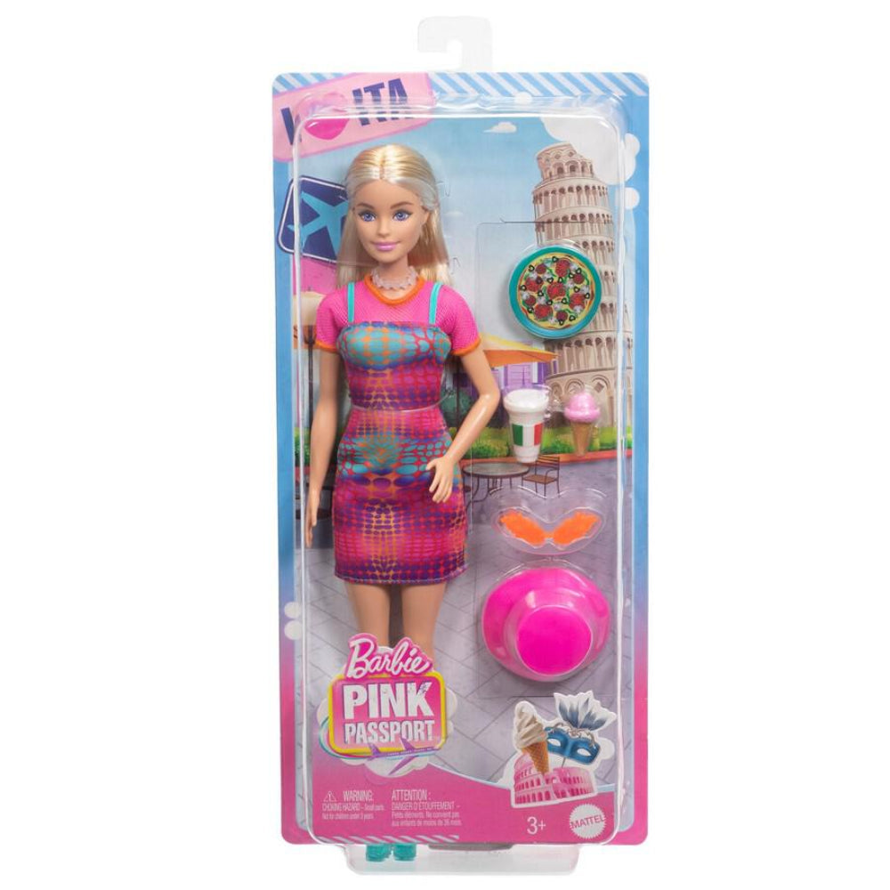 Barbie Pink Passport Italy Doll Set With Clothes & Travel Accessories, Includes Blonde Doll & Food Pieces