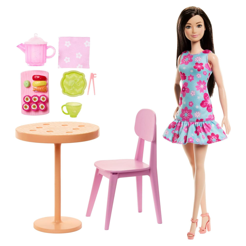 Barbie Pink Passport Japan Café Playset with Fashion Doll in Dress & Shoes, Furniture & Accessories, Including Tea Set & Sushi