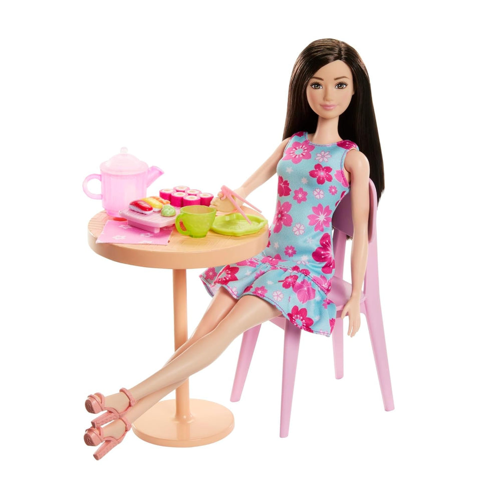 Barbie Pink Passport Japan Café Playset with Fashion Doll in Dress & Shoes, Furniture & Accessories, Including Tea Set & Sushi