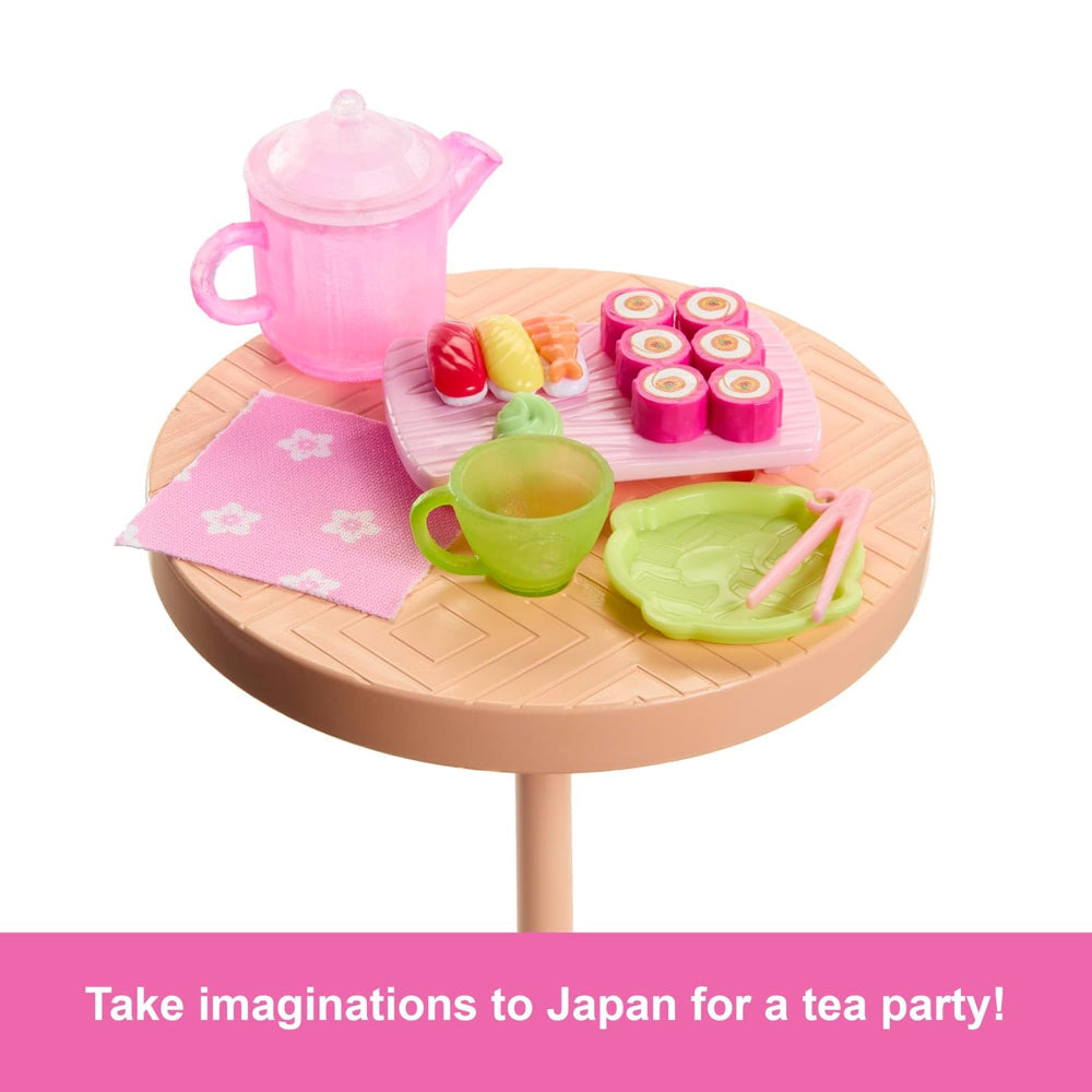 Barbie Pink Passport Japan Café Playset with Fashion Doll in Dress & Shoes, Furniture & Accessories, Including Tea Set & Sushi