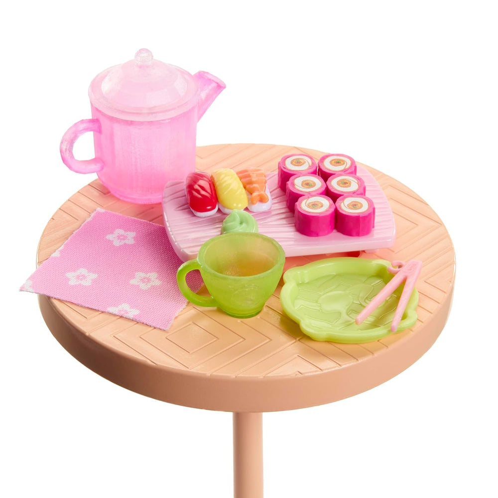 Barbie Pink Passport Japan Café Playset with Fashion Doll in Dress & Shoes, Furniture & Accessories, Including Tea Set & Sushi