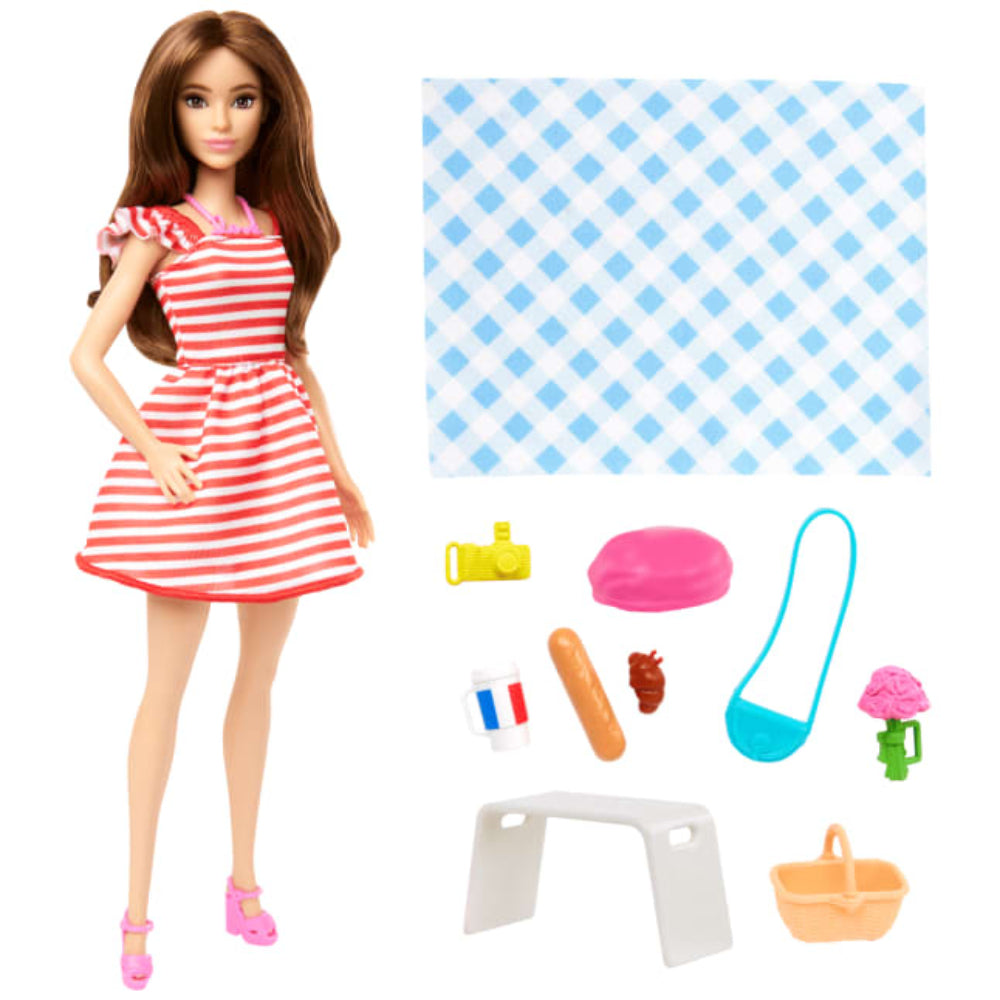 Barbie Pink Passport Paris Doll Set With Clothes & Picnic Accessories, Includes Brunette Doll