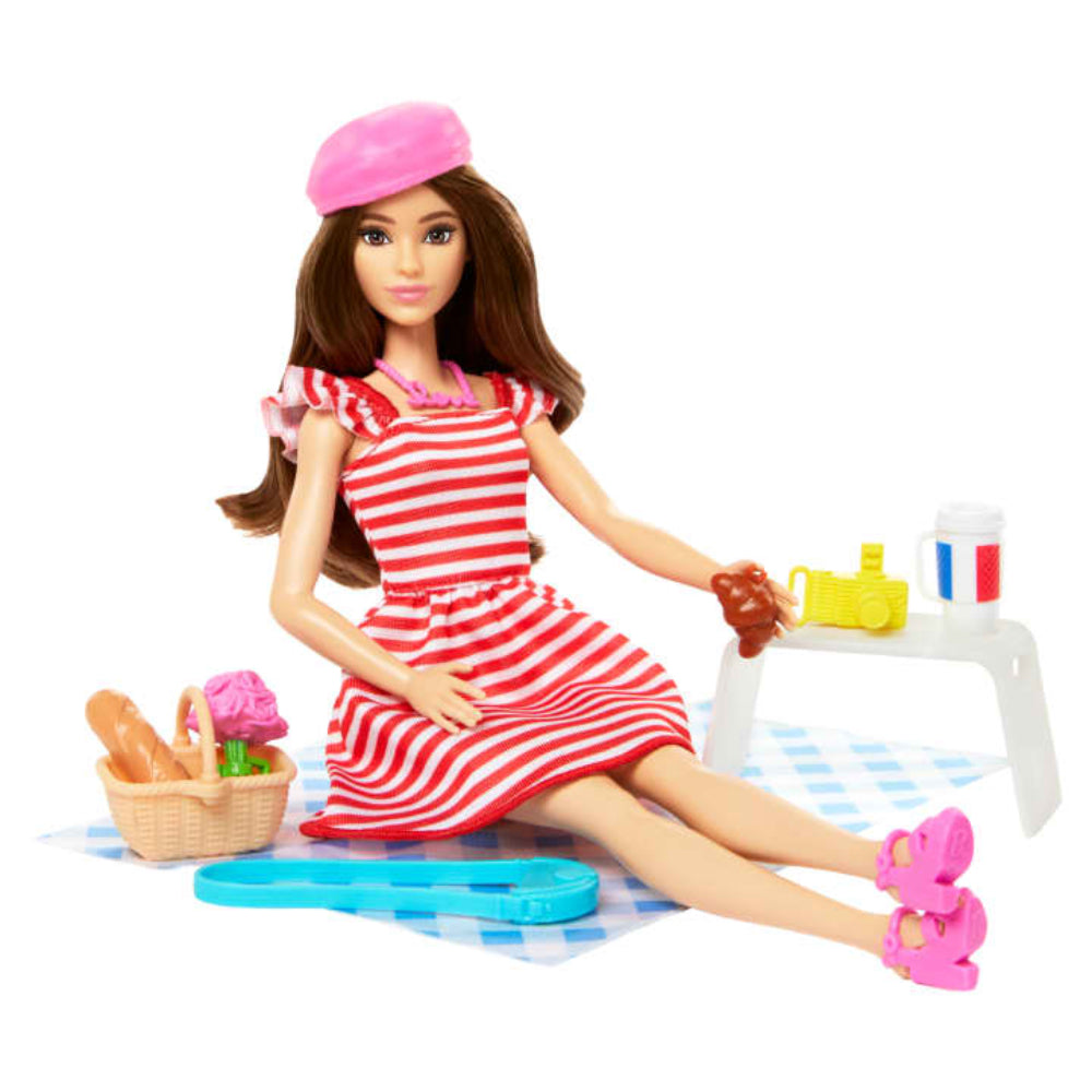 Barbie Pink Passport Paris Doll Set With Clothes & Picnic Accessories, Includes Brunette Doll