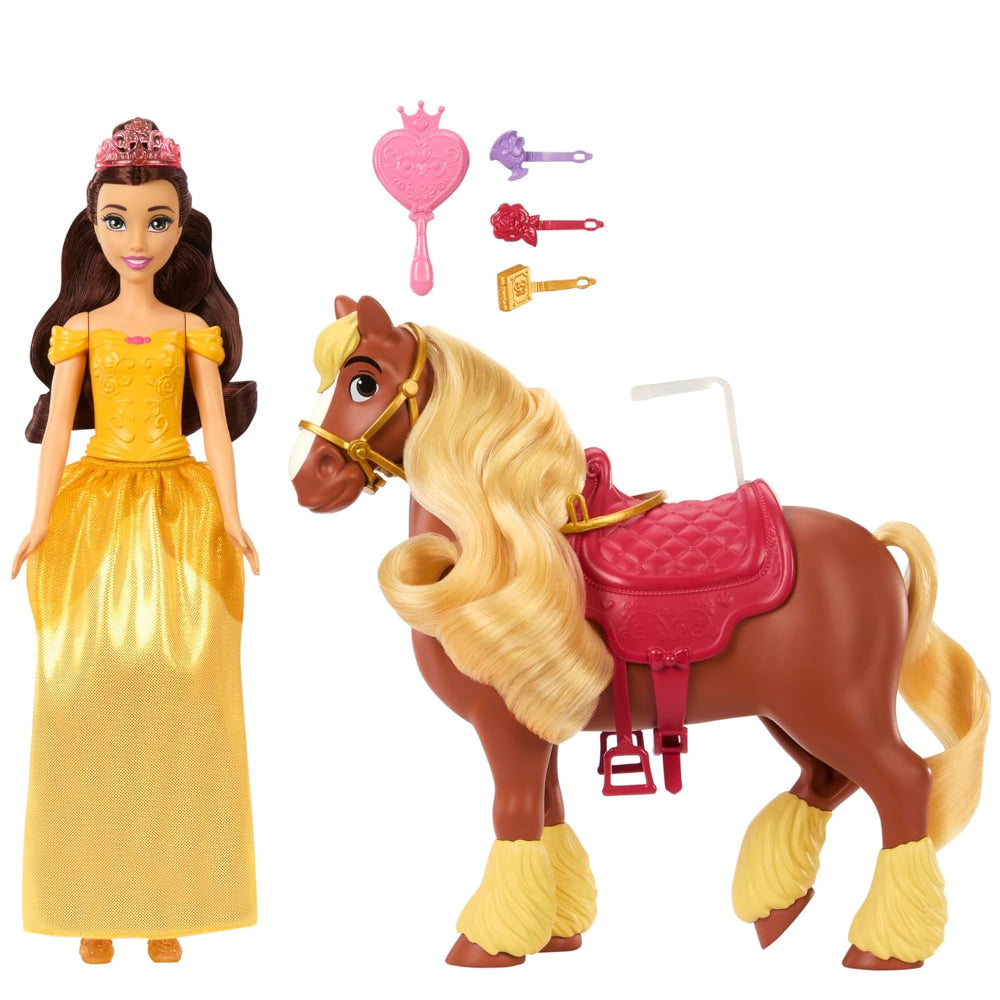 Disney Mattel Princess Toys, Belle Fashion Doll & Philippe Horse with Saddle, Brushable Mane & Tail & 4 Styling Accessories, Inspired by Movie