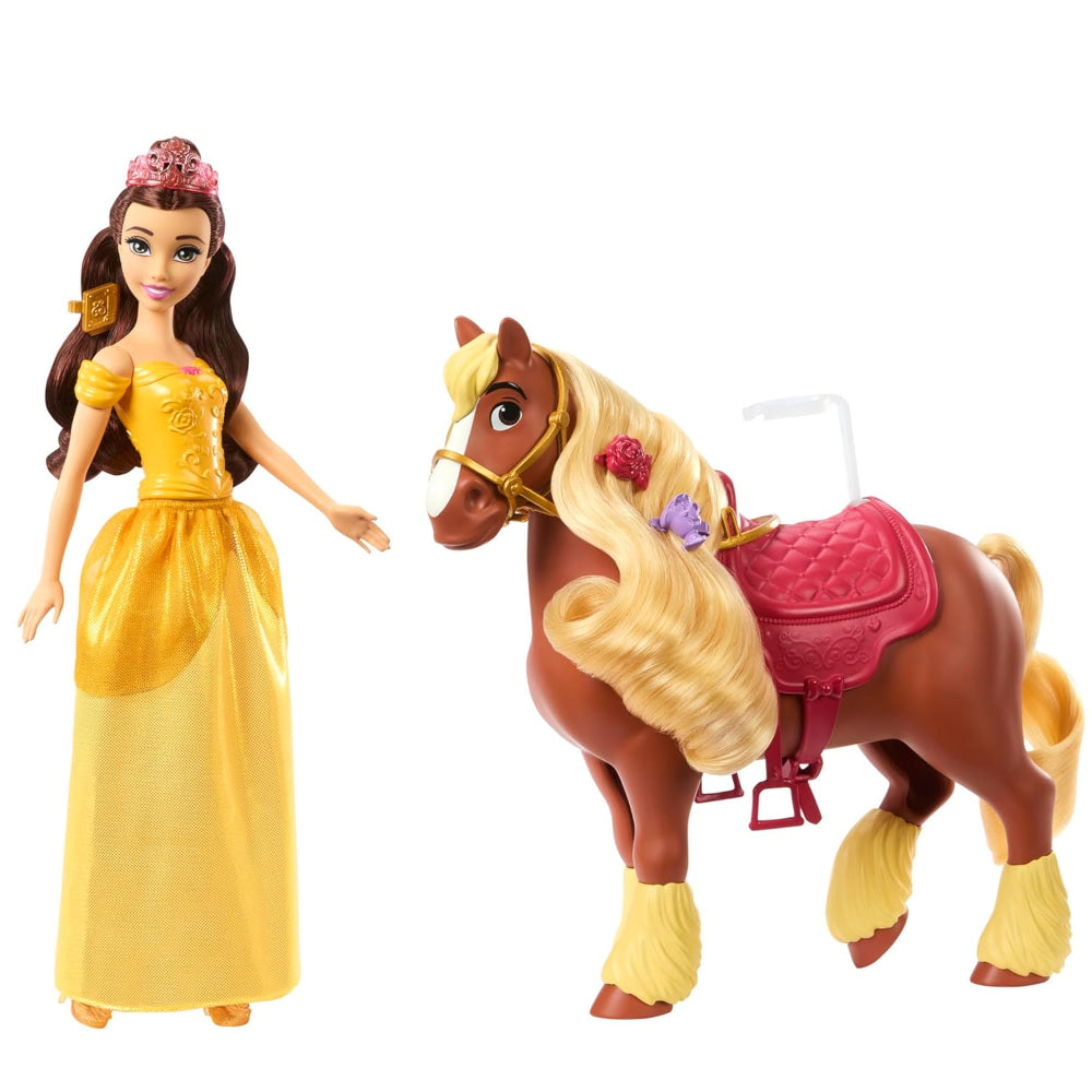 Disney Mattel Princess Toys, Belle Fashion Doll & Philippe Horse with Saddle, Brushable Mane & Tail & 4 Styling Accessories, Inspired by Movie